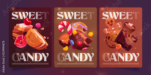 Sweet candy cartoon posters with bakery desserts, chocolate, sweets, choco praline, nuts or cocoa topping, caramel, crispy cookie and xmas gingerbread man patisserie assortment, Vector promo banners