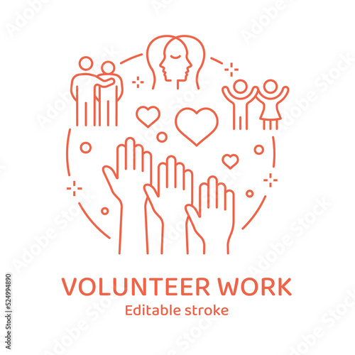 Volunteer work concept icon. Charity, trust, foundation vector line illustration. Editable stroke.