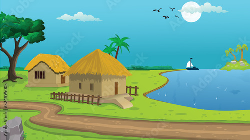 Village cartoon background illustration with sun, cottage, lake, trees, and narrow road.