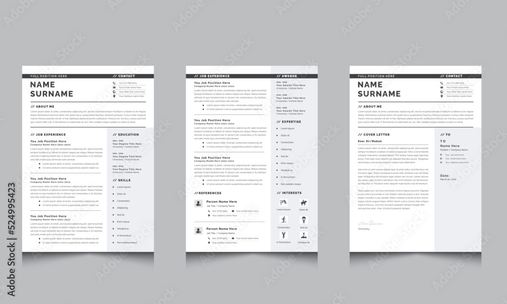 Black and White Resume Layout with Cover Letter
Layout Set Gray Vector Minimalist Creative 2-Page Resume/CV Template
