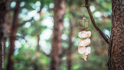 Foto wind chime hanging on tree branch, front view