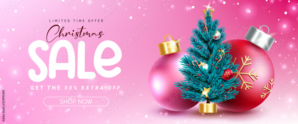 Christmas sale vector banner design. Christmas sale text in limited time offer with seasonal elements of xmas balls and tree for price discount promo ads. Vector illustration.

