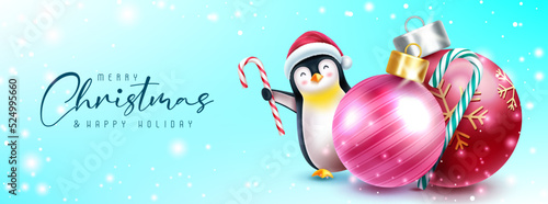 Christmas holiday greeting vector design. Merry christmas text with penguin and xmas balls elements in pattern decoration for winter season messages. Vector illustration.
