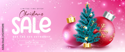 Christmas sale vector banner design. Christmas sale text in limited time offer with seasonal elements of xmas balls and tree for price discount promo ads. Vector illustration.
