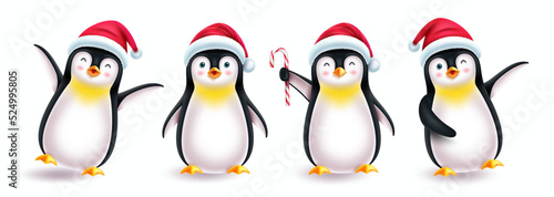 Penguin christmas characters vector set. Penguin 3d character in friendly and cute pose and gestures with santa hat isolated in white background for xmas collection design. Vector illustration.
