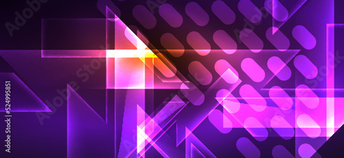 Background neon glowing lines and geometric shapes. Lights in the dark wallpaper for concept of AI technology, blockchain, digital, communication, 5G, science