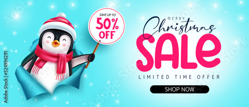Christmas sale vector banner design. Christmas sale text in limited time offer with seasonal penguin character for xmas shopping holiday promo advertisement. Vector illustration.

