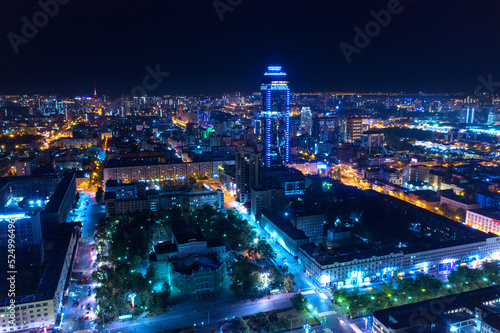Aerial view of the night modern city. Bright lights of the night streets. Ekaterinburg. Russia © ArtEvent ET