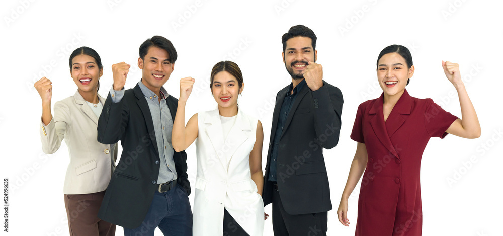 Team of successful young people standing together. Everyone raise the fist up with a smile. Portrait on white background with studio light.