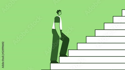 Green Style Man Flat Character Climbs Stairs Walking Cycle. Isolated Loop Animation with Alpha Channel