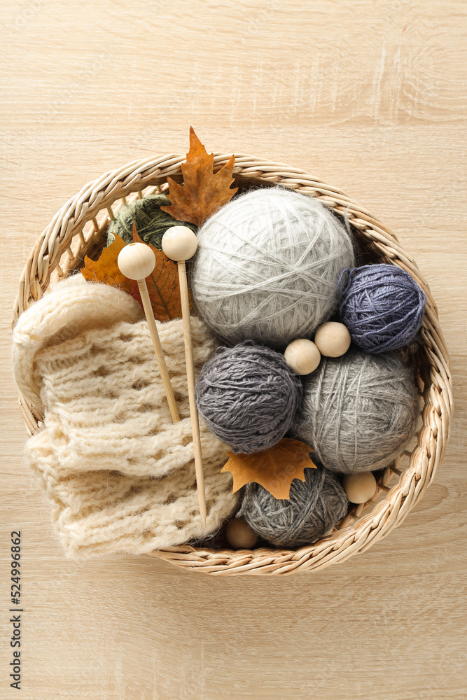 Concept of cozy and relax hobby, knitting, top view Concept of cozy and relax hobby, knitting, top view