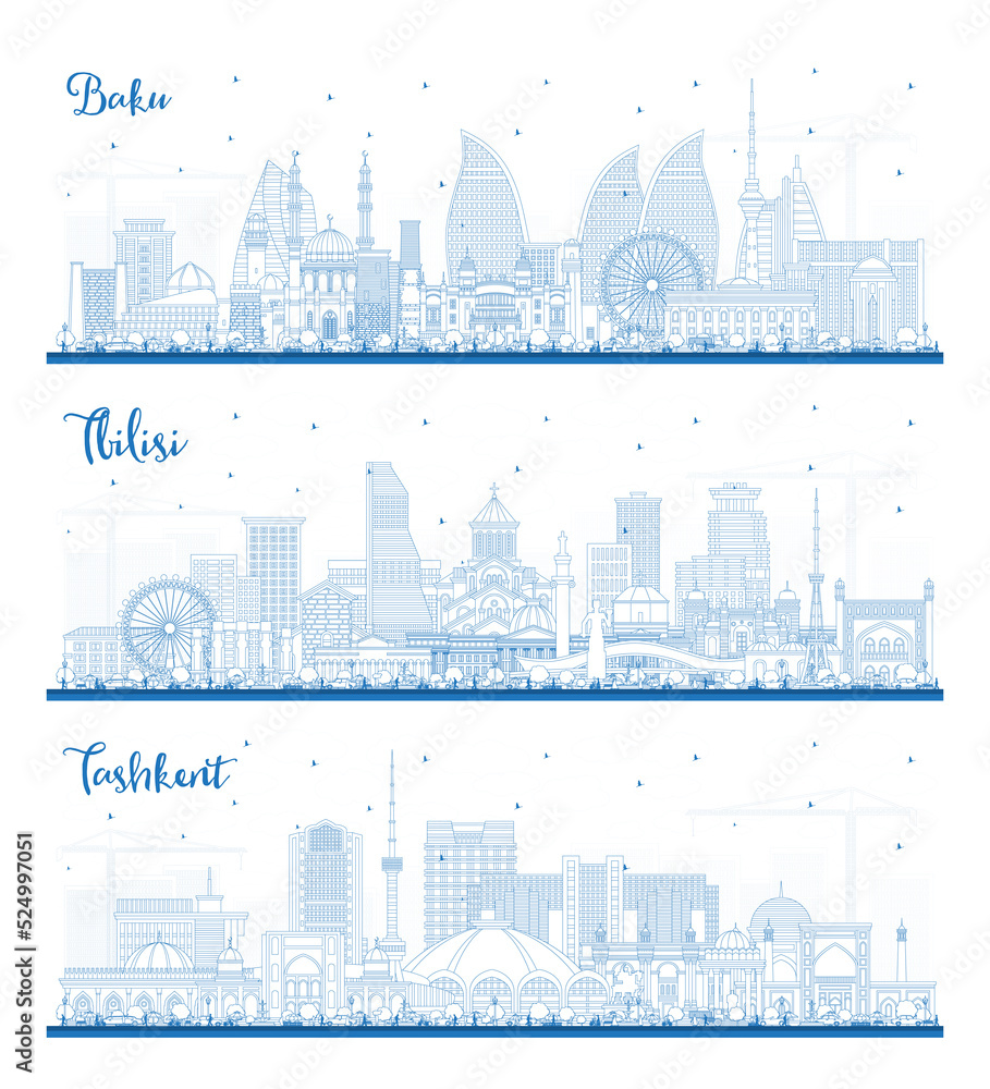 Outline Tbilisi Georgia, Tashkent Uzbekistan and Baku Azerbaijan City Skyline Set.