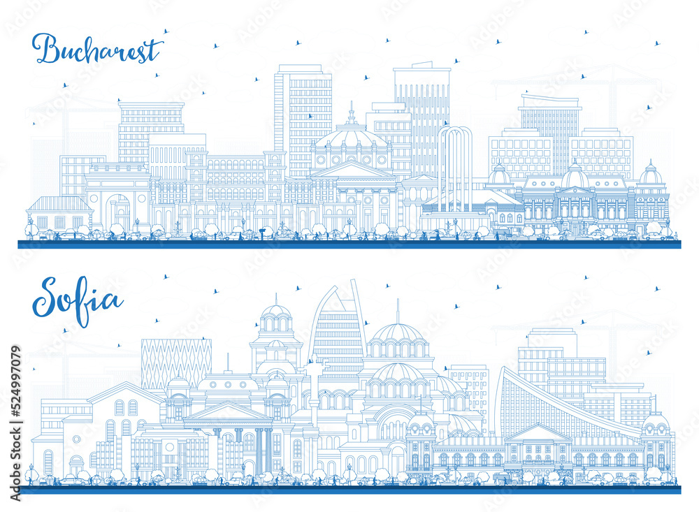 Outline Sofia Bulgaria and Bucharest Romania City Skyline Set with Blue Buildings.
