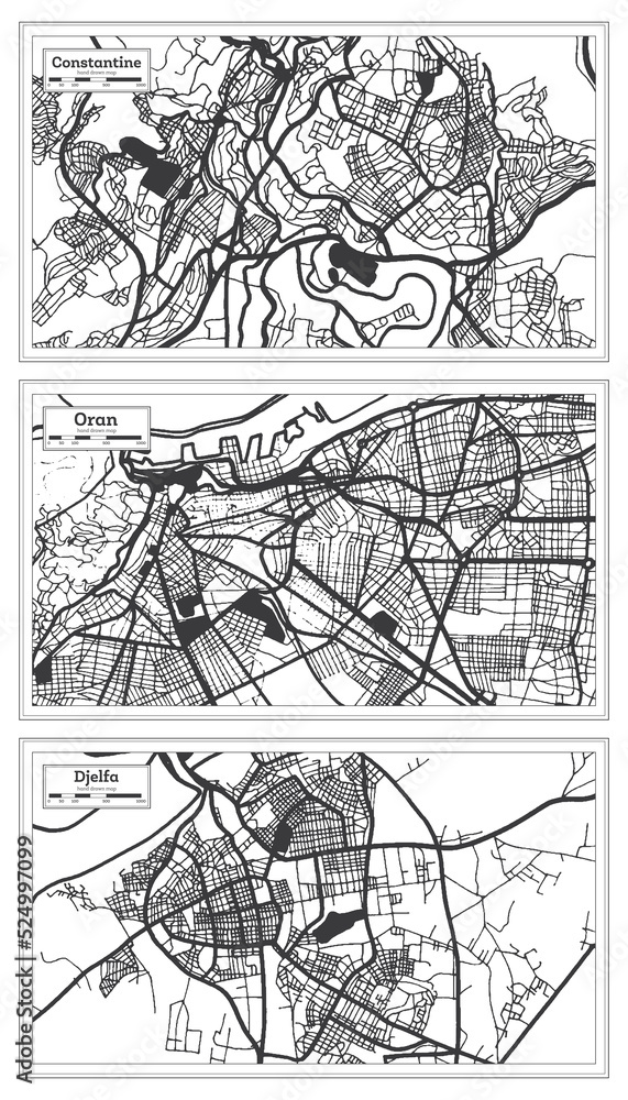 Fototapeta premium Djelfa, Oran and Constantine Algeria City Map Set.
