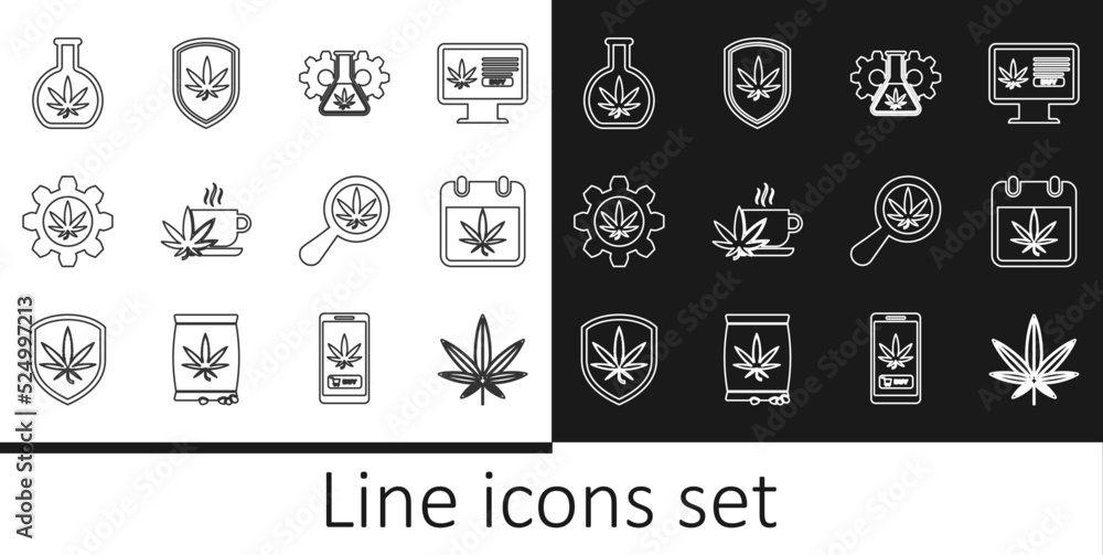 Set line Marijuana or cannabis leaf, Calendar and marijuana, Test tube with, Cup tea, Magnifying glass and Shield icon. Vector