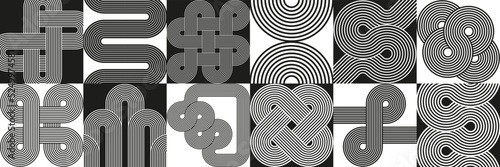 Composition with line art geometric forms and black, white blocks. Optic illusion. Endless knot, arc, waves, circles. Modern abstract composition for wall design, poster, cover.