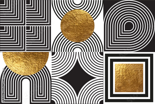 Composition with line art golden geometric forms and colorful blocks. Optic illusion. Endless knot, arc, waves, circles. Modern abstract composition for wall design, poster, cover.