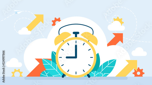 Yellow alarm clock, blue numbers, set the time placed on a table. Alarm clock wake-up time on isolated background. Time planning. Time Management. Deadline. Flat style. Vector business illustration