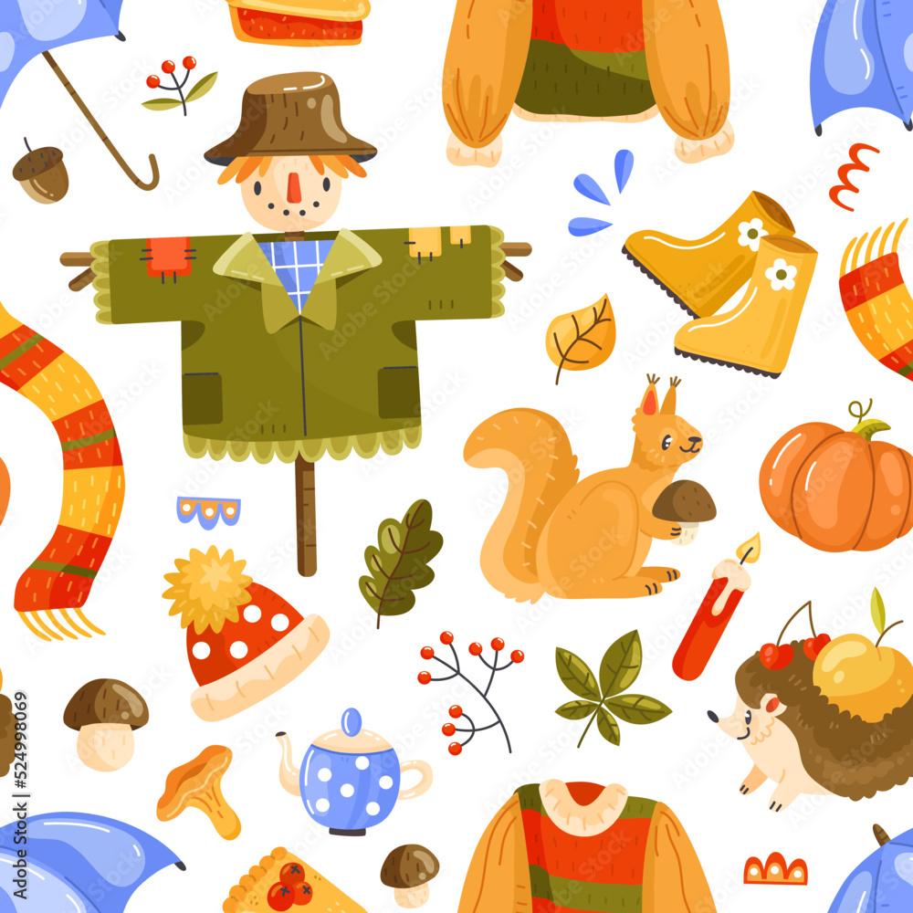 Fototapeta premium Seamless pattern with autumn elements on a white background. Autumn pattern with cartoon-style elements. Vector illustration background.