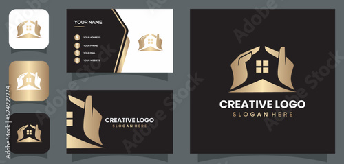 vector graphic of hands and home logo design luxury style with business card