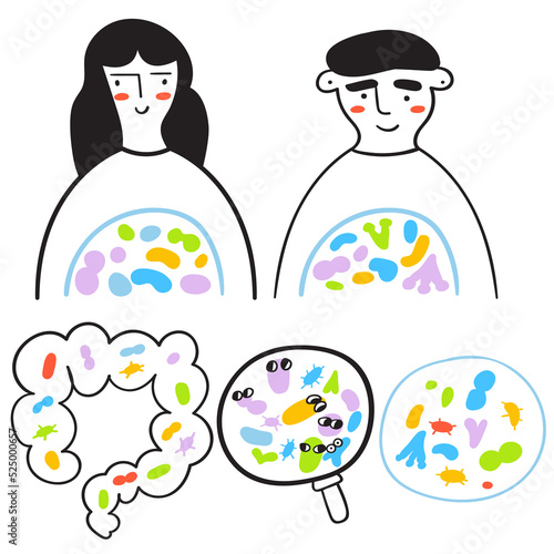 Set of outline icons. Gut microbiota. Outline vector illustrations.