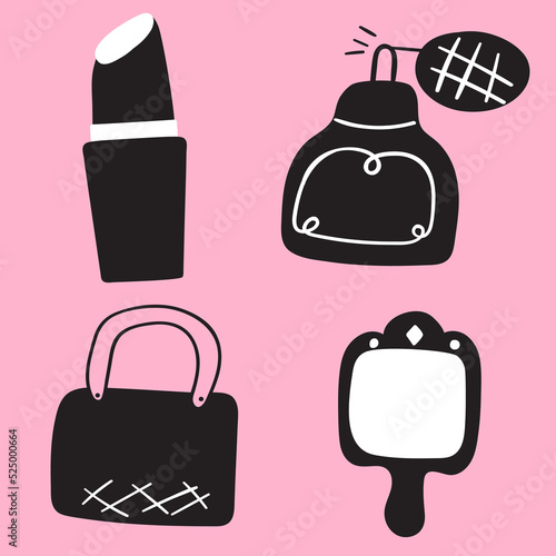 Women accessories. Lipstick, bag, perfume, hand mirror. Hand drawn vector icons on pink background.