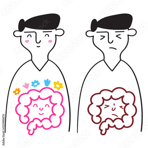 Man with healthy and unhealthy intestines. Outline vector illustration on white background.