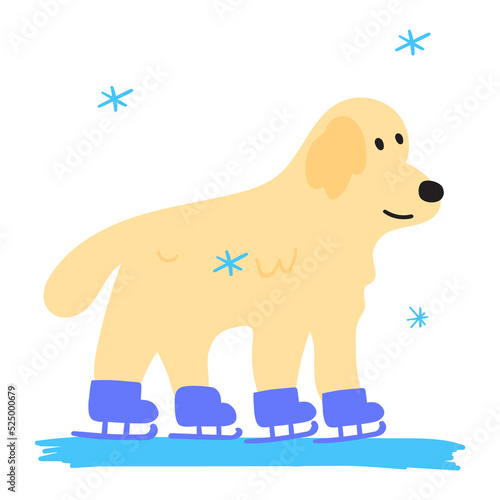 Ice skating dog. Flat vector illustration on white background. 