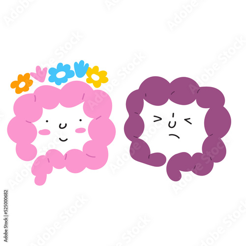Healthy and unhealthy intestines. Vector illustration on white background.