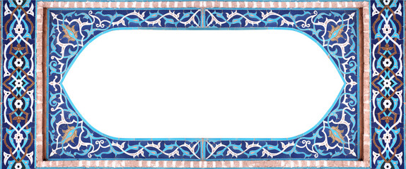 Detail of traditional persian mosaic wall with geometrical and floral ornament, Iran. Horizontal frame with ceramic tile