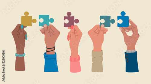 Group of hands holding puzzle pieces.. Collaboration concept. Teamwork, partnership. Hand drawn vector illustration isolated on light background. Modern flat cartoon style.