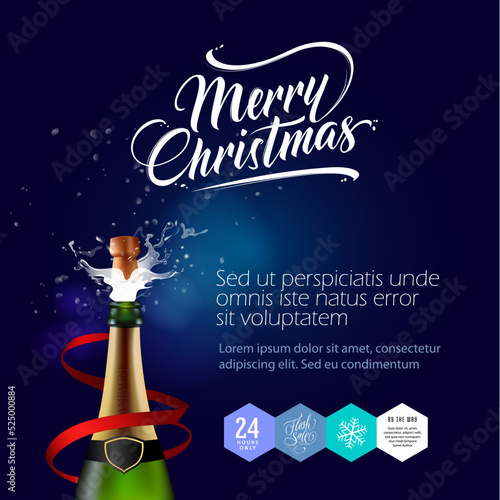 Merry Christmas Banner with Lettering and Champagne Bottle