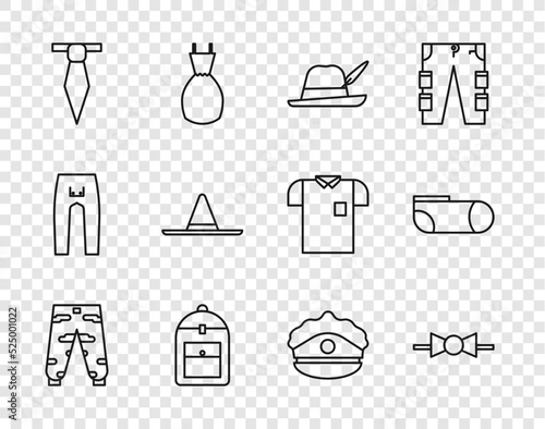 Set line Camouflage cargo pants, Bow tie, Oktoberfest hat, Backpack, Tie, Gardener worker, Police cap with cockade and Sport socks icon. Vector