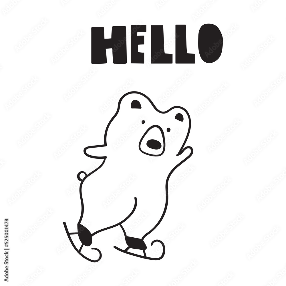 Obraz premium Hello. Ice skating bear. Outline illustration on white background.
