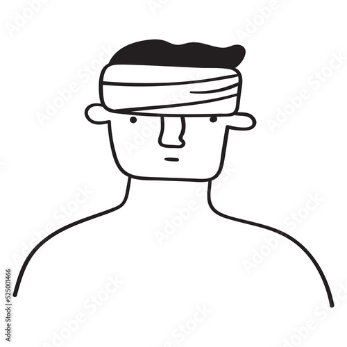 Unhappy man with head bandage. Outline vector icon.