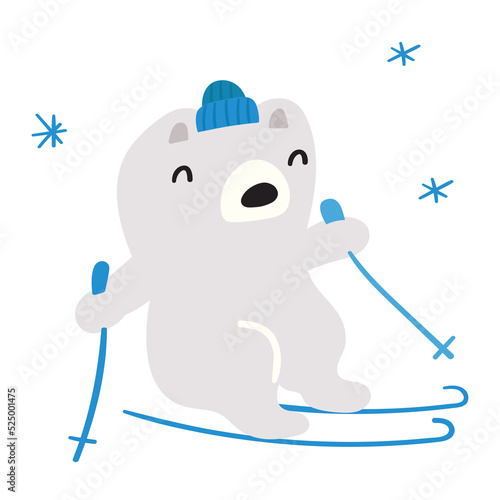Funny bear on ski. Hand drawn vector illustration on white background.