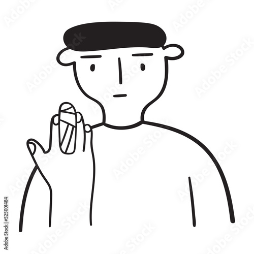 Young man with bandaged finger.   Outline vector icon on white background. 