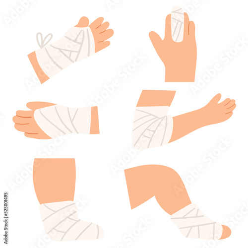 Set of flat icons. Bandage on hands, legs, arms. Illustrations on white background.