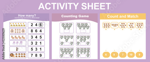 Activity sheet for children. Counting and match animals. Mathematic worksheet. Educational printable sheet for children. Vector illustration.