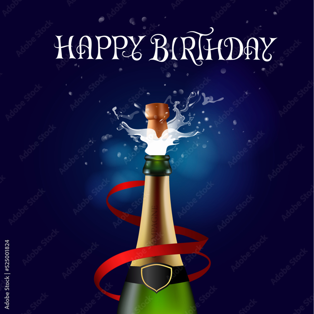 Happy Birthday Card with Champagne Bottle Splash Illustration Stock ...