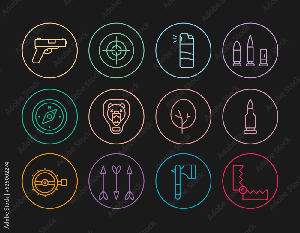 Set line Trap hunting, Bullet, Pepper spray, Bear head on shield, Compass, Pistol or gun, Tree and Target sport icon. Vector Set line Trap hunting, Bullet, Pepper spray, Bear head on shield, Compass, Pistol or gun, Tree and Target sport icon. Vector