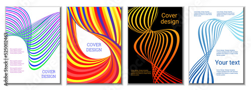 A set of 4 abstract covers. Wavy parallel gradient lines, ribbons evolve. Cover design, background. Trendy banner, poster.