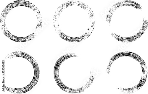 Auto tire tread grunge circle frames set. Car and motorcycle tire pattern, wheel tyre tread track. Black tyre round border. Vector illustration isolated on white background.