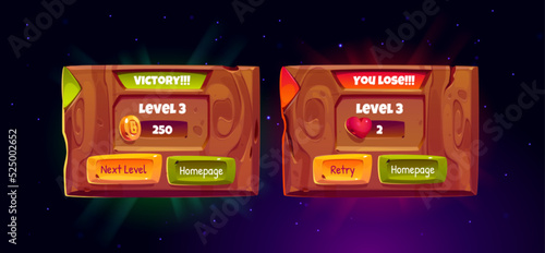 Game wooden boards with level score, victory and lose banners. Vector cartoon set of gui design elements, game screens of level win and fail with achievements and button