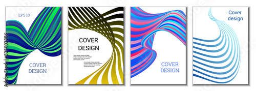 A set of 4 abstract covers. Wavy parallel gradient lines, ribbons evolve. Cover design, background. Trendy banner, poster. © HALINA YERMAKOVA