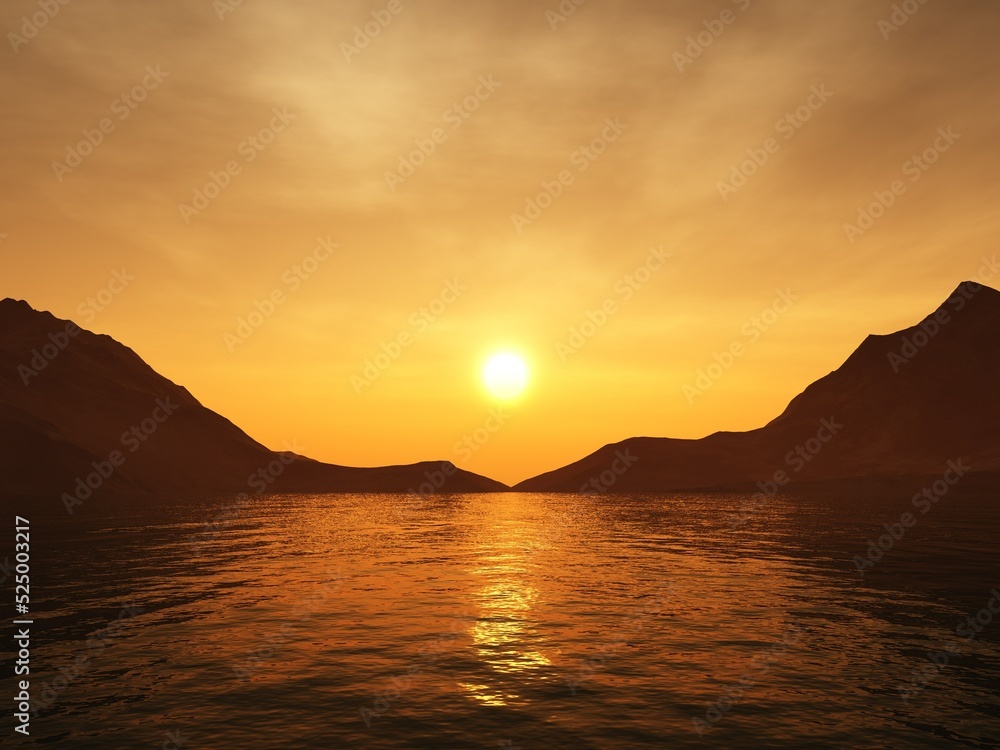 Sunset over the bay, sea sunset among the rocks, 3d rendering