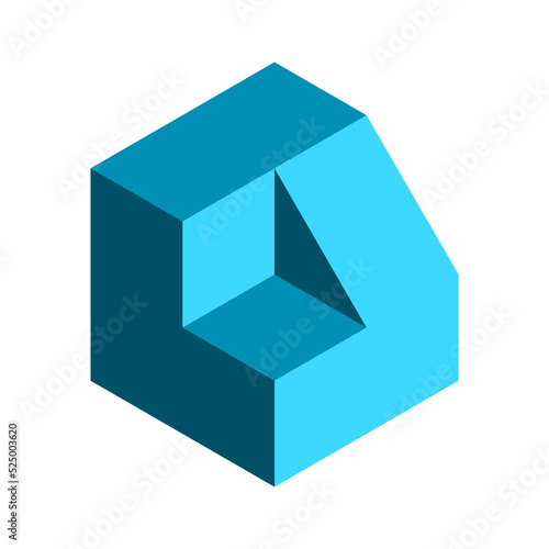 3D cube geometric shape. Building, architecture, construction idea. Abstract house with roof and terrace. Puzzle game. Letter L logo template. Isometric visual effect. Vector illustration, clip art. 