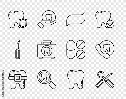 Set line Teeth with braces, Dental inspection mirror, Toothpaste, search, protection, First aid kit, and Online dental care icon. Vector