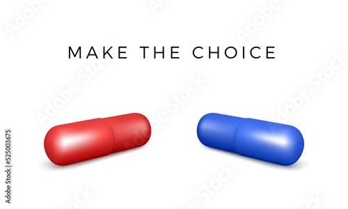 3D Red and blue capsule drugs. Medical tablets in matrix style. Make a choice
