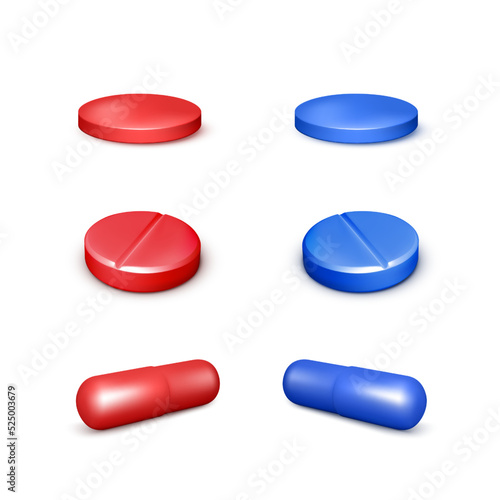 Set of red and blue pills in matrix style. 3D render medicine capsules and drugs
